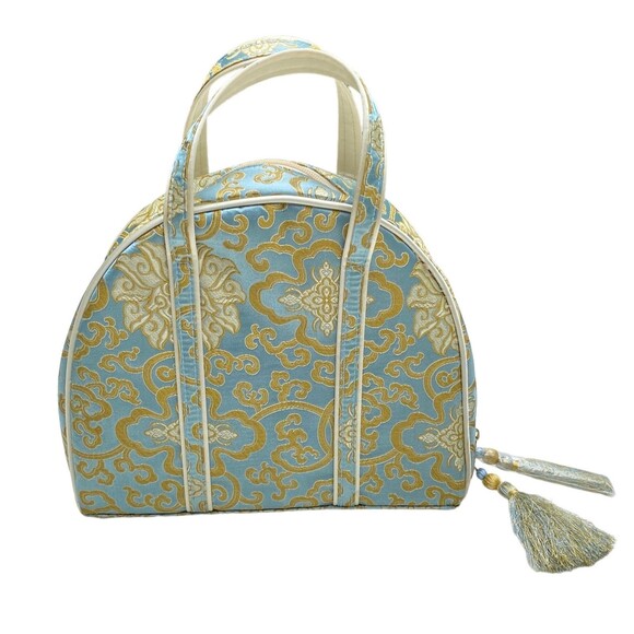 Vtg 60s Baby Blue Gold Chinoiserie Vanity Case 3pc Cosmetic Travel Bag Set - Picture 2 of 10